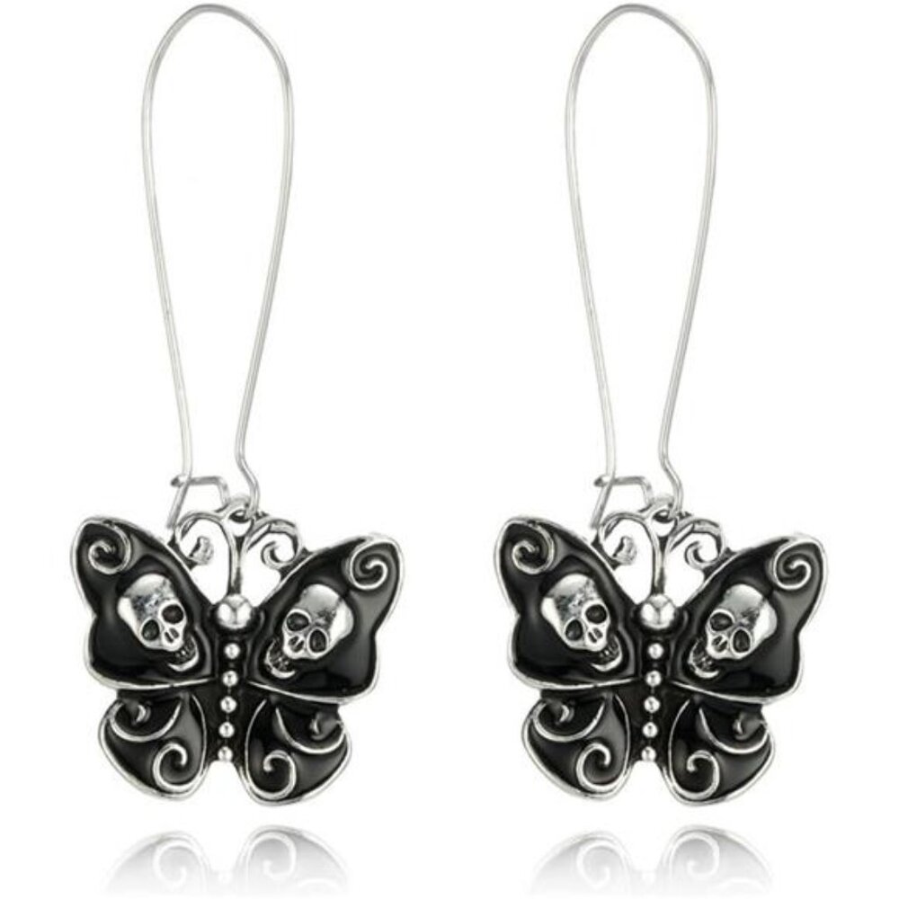 Unique Black Butterfly Skull Dangle Hook Drop Earrings
